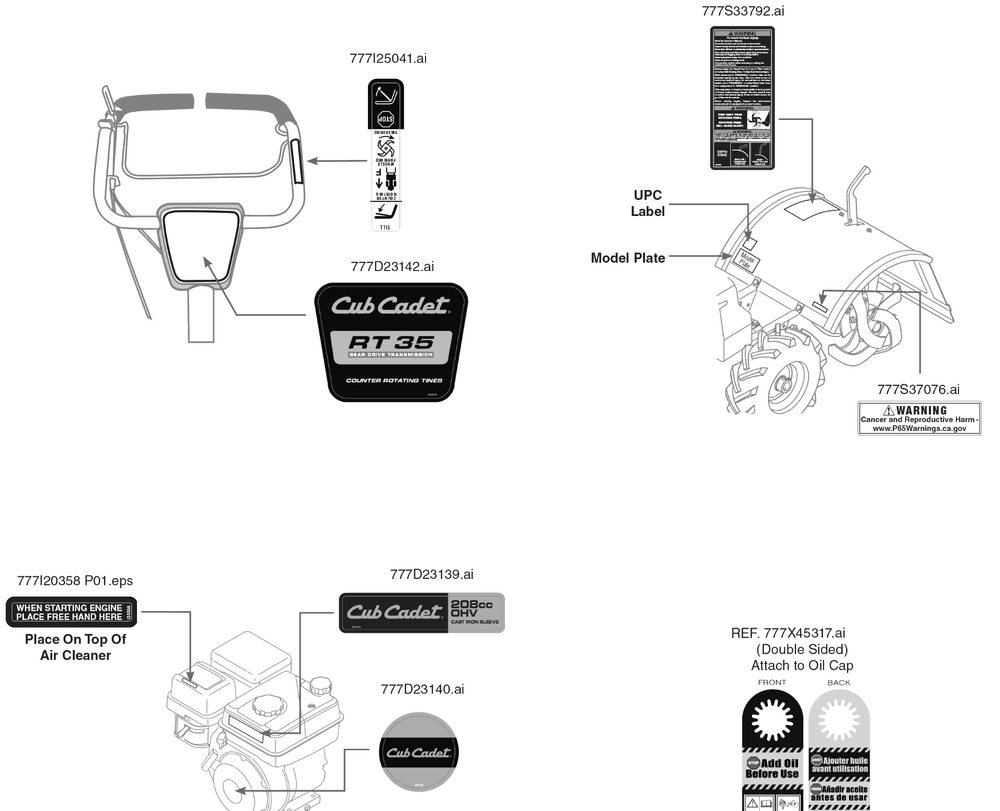 Label Map Diagram and Parts List for RT35 (21A62M8710)(2019) Cub Cadet Tiller